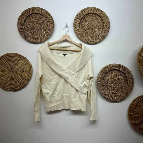 Express Neutral Off White Minimalist Ribbed Wide Boat Neck Knit Sweater Large - Picture 1 of 6